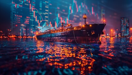 Image of a cargo ship with stock market numbers overlaid, reflecting on water surface