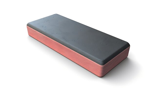 A rectangular pink and black eraser isolated on a white background. The eraser is slightly angled and has a dirty, used appearance.
