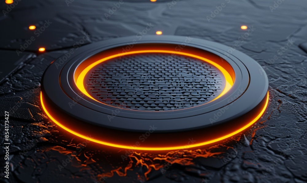 Poster black surface with embossed shape and orange illuminated trim. tech background with neon circle.