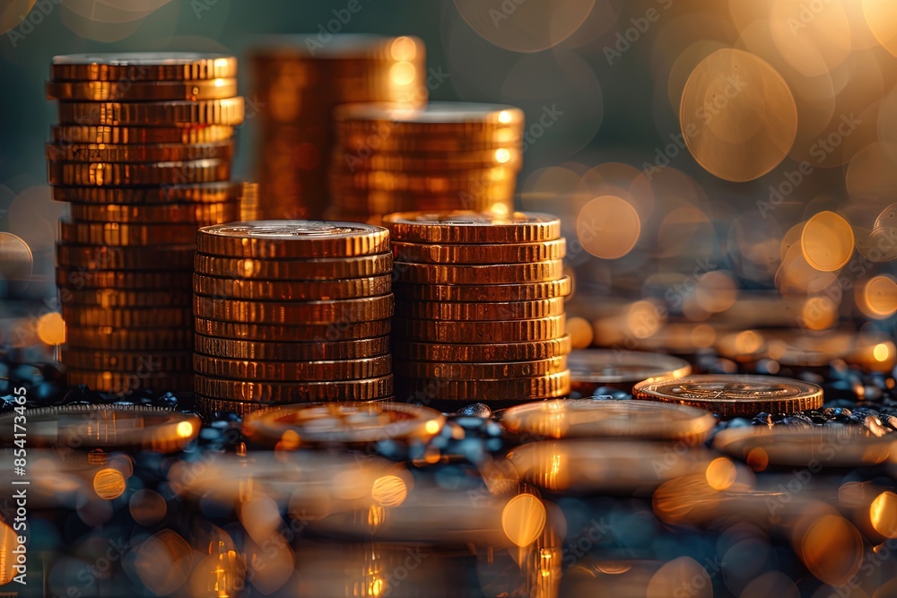 Poster golden coins stacked in increasing columns on a reflective surface with warm bokeh lighting effect.