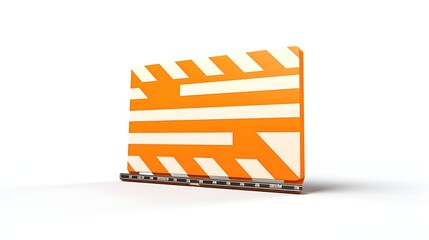 **Assistant**  A 3D rendering of an orange and white striped film clapboard. The clapboard is closed, with the orange side facing the viewer.