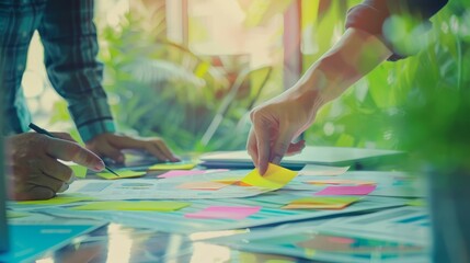 Dynamic Duo Strategic Planning Meeting with Sticky Notes in Bright Office Environment Collaboration Organization Charts Documents Professionals Task Management