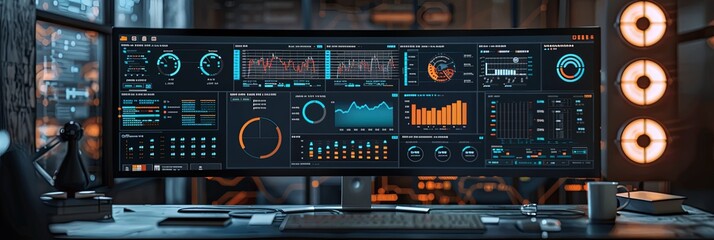 A sleek, modern analytical dashboard with charts and graphs powered by AI. The screen is set against a professional office background. Generative AI
