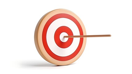 3D rendering illustration of an arrow hitting the center of a target. The arrow is made of wood. The target is made of wood with red and white rings.