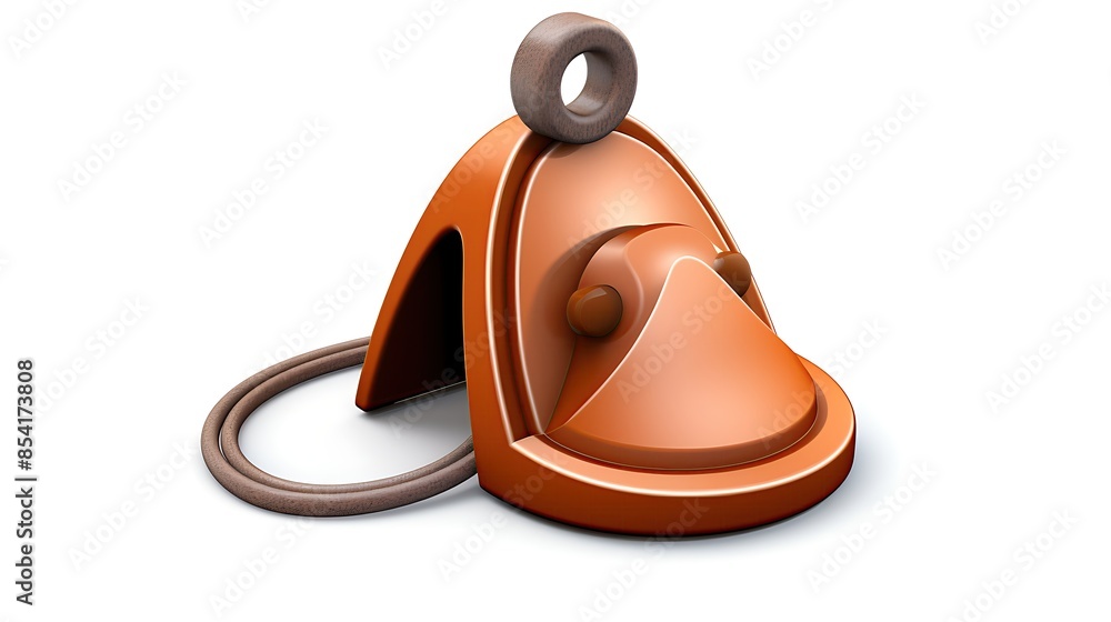 Poster 3d rendering of a copper or bronze bell with a leather strap. the bell has a round shape with a smal