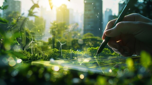 Green City Harmony Sustainable Urban Development in a Digital World EcoFriendly Buildings Wind Turbines and Nature Integrated Conceptual Art Stock Image