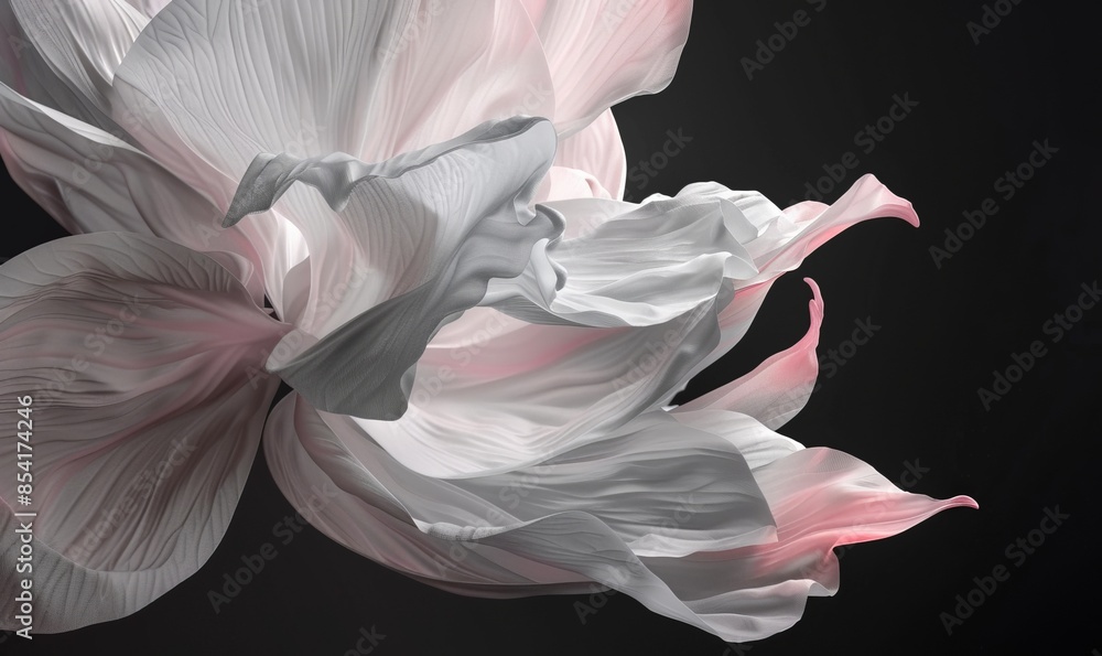 Poster the black background depicts a white flower with pink edges in an abstract shape. the petals appear 