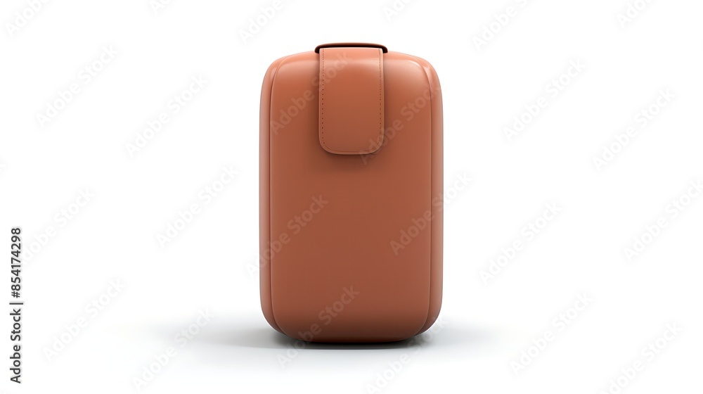 Poster minimalist design of a brown leather camera bag with a single strap. it is isolated on a white backg