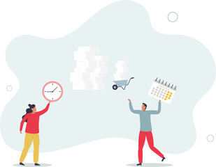 wheelbarrow full of paper documents, sorting unorganized stacks and heap.business and time management concept.flat vector illustration