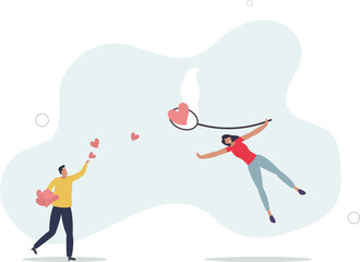 People catch flying red hearts with net .collect likes in social media.flat illustration