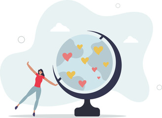 Cartoon tiny people donate love and hearts to world on globe of Earth.flat illustration.