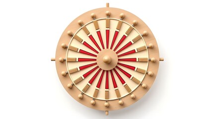 Obraz premium This image is a 3D rendering of a wooden wheel with red and white spokes. The wheel is spinning on a white background.