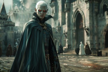 Naklejka premium A pale, menacing vampire with piercing red eyes and a black cloak stands in front of a gothic castle, surrounded by dark-clad figures in a medieval setting.