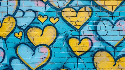 Vibrant graffiti mural of hearts on an urban brick wall, with bright blue and yellow hues, depicting the joyous spirit of Valentine's Day.