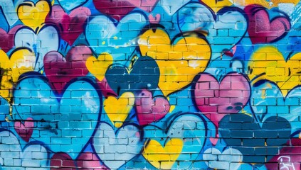 Obraz premium Vibrant graffiti mural of hearts on an urban brick wall, with bright blue and yellow hues, depicting the joyous spirit of Valentine's Day.