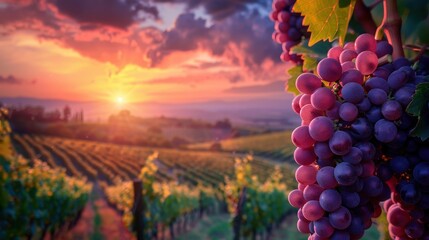 Ripe Grapes Hanging From a Vine at Sunset Over Rolling Vineyards