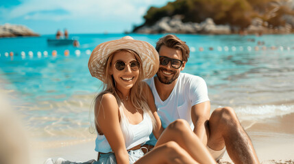 Fototapeta premium Boyfriend and girlfriend enjoy together in love on vacation summer