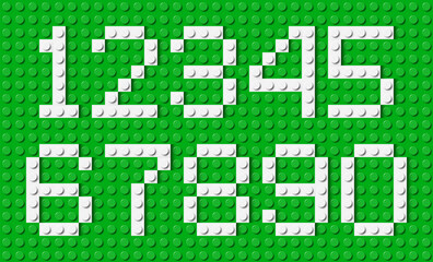 Numbers composed of white plastic brick toy blocks on green construction plate. Building bricks font. Vector background illustration