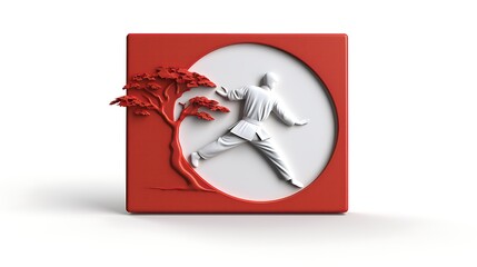 3D illustration of a man doing a karate kick. The man is wearing a white karate gi and is in a dynamic pose.