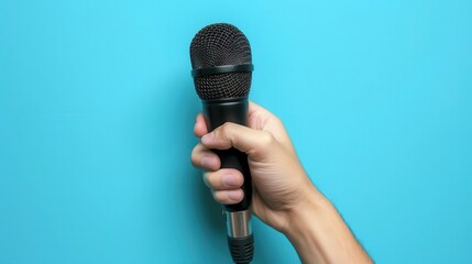 closeup of a hand holding a microphone isolated on a vivid blue background music concept photo