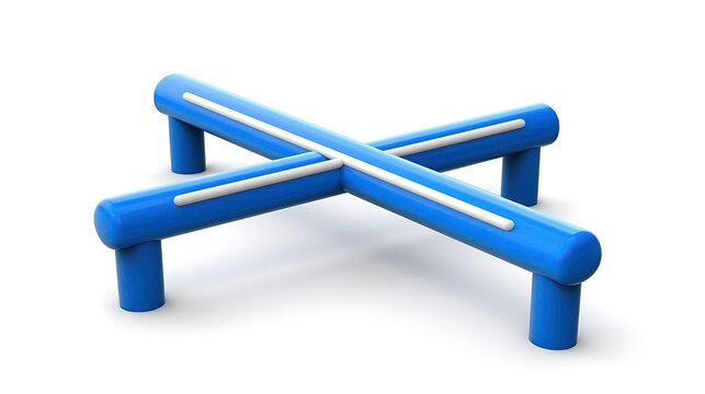 Colorful playground equipment in the shape of a cross. It is made of blue and white PVC pipes. It is suitable for children of all ages.