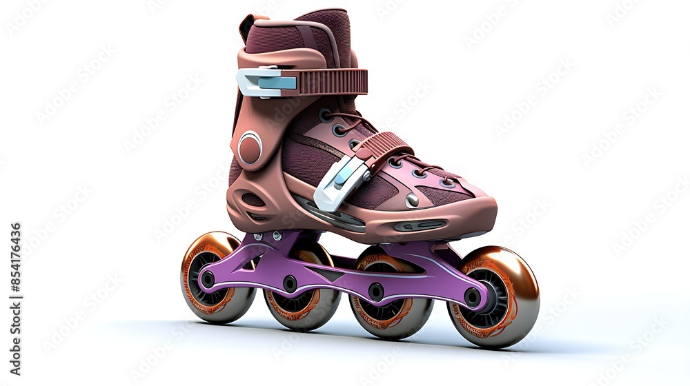 Poster the image is of a pair of purple and pink inline skates with four wheels. the skates are made of a d