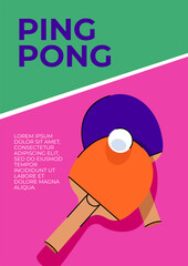 Table tennis trend poster. Multicolored illustration of a tennis racket on a gambling table background. Flat design vector concept of ping pong. Bright design template for use in decor and printing.