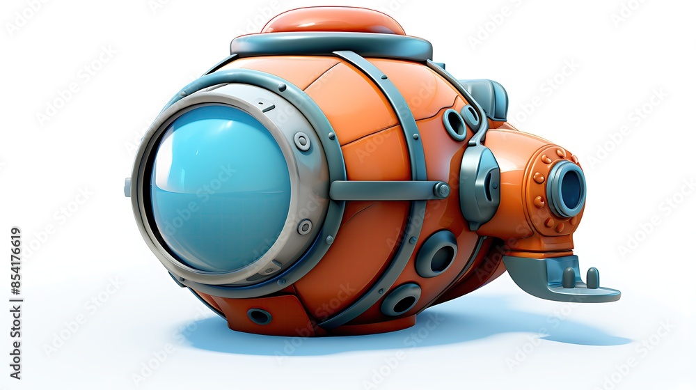 Poster this is a 3d rendering of a cartoon submarine. it has a round orange body with a large glass window 