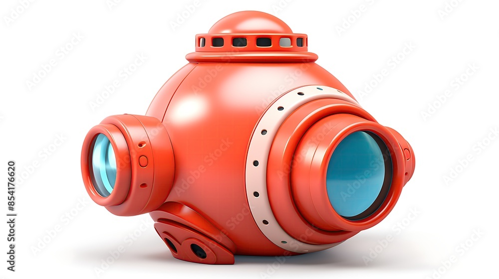 Poster 3d rendering of a red and white submarine. the submarine has a round body with two large portholes a