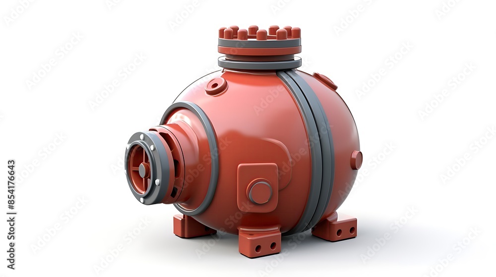 Poster 3d rendering of a red and gray metal sphere with a large valve on the side. the sphere is sitting on