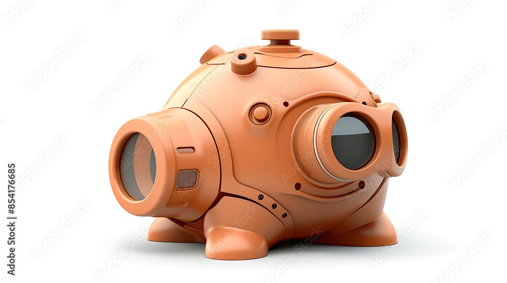 Poster cute robot toy with cartoonish design and glossy plastic shell. the robot has a round body with two 