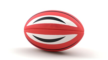 Red and white rugby ball on a white background. The ball is slightly tilted to the right. The image is well-lit and the colors are vibrant.