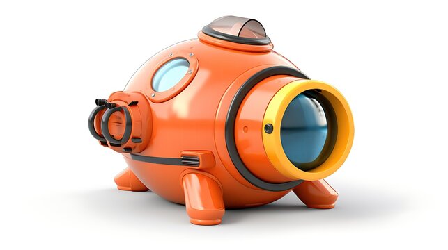 This is a 3D rendering of an orange submarine. It has a round body with a glass dome on top.