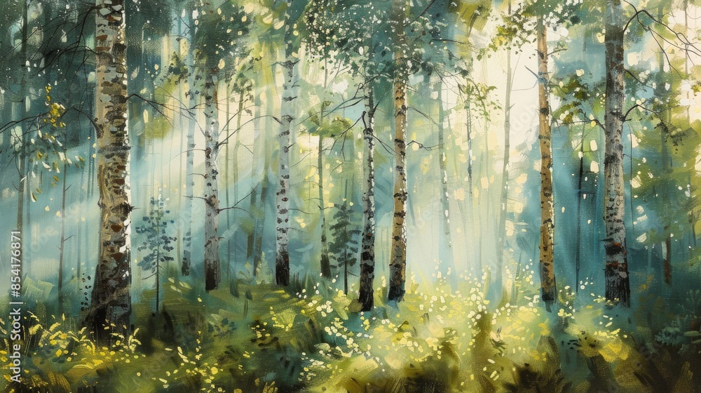 Aufkleber forest of birch and pine trees with sunlight filtering through creating a play of shadows and bright