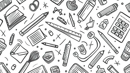 School supplies seamless pattern. Education accessories pencil and pen notebook black line doodle cartoon isolated on white background creative design textile. AI generated illustration