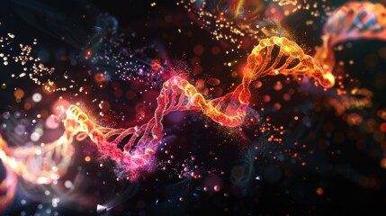 Genetic Elegance Vibrant DNA Helix in Technicolor Explosion HighTech Molecular Art on Black Background with Dramatic Lighting