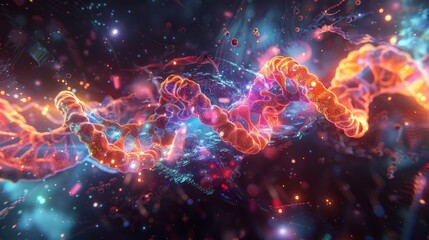 Fototapeta premium Genetic Elegance Vibrant DNA Helix in Technicolor Explosion HighTech Molecular Art on Black Background with Dramatic Lighting