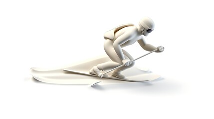 3D illustration of a skier. The skier is wearing a helmet and goggles and is holding a ski pole. The skier is skiing down a snowy slope.