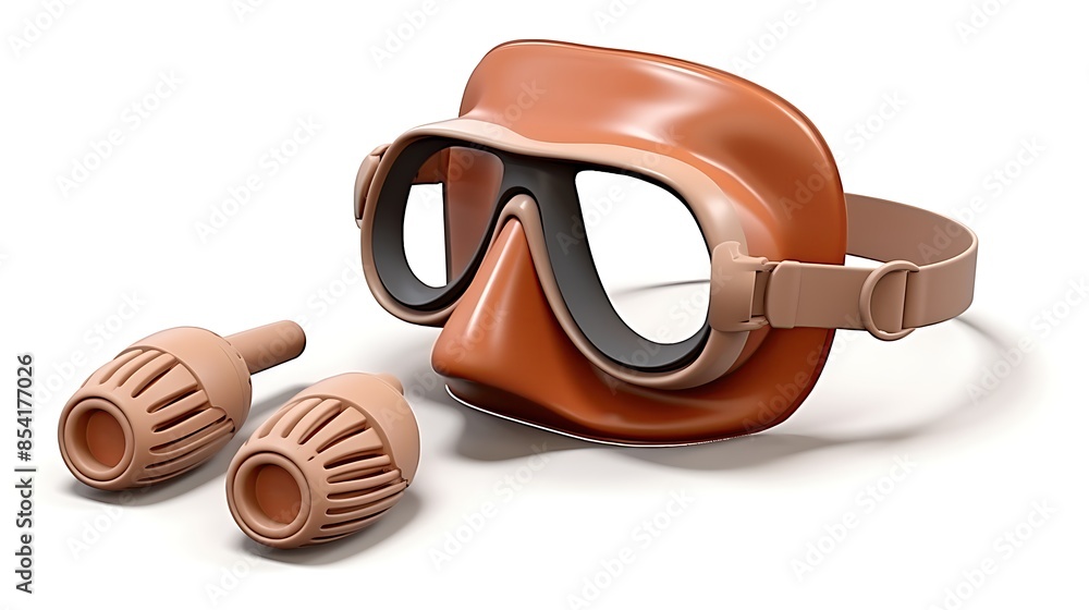 Poster **image description:** a 3d rendering of a vintage diving mask and snorkel. the mask is brown and ha