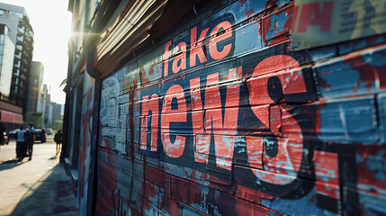 Fake news sign obscuring newspapers on the side of a building in an urban setting