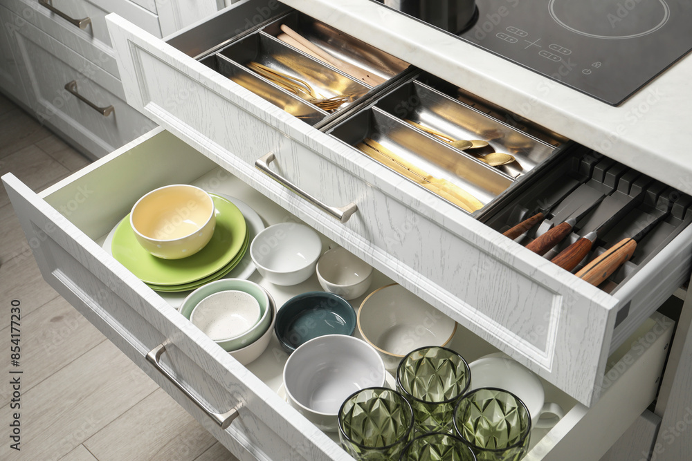 Sticker Ceramic dishware and cutlery in drawers indoors