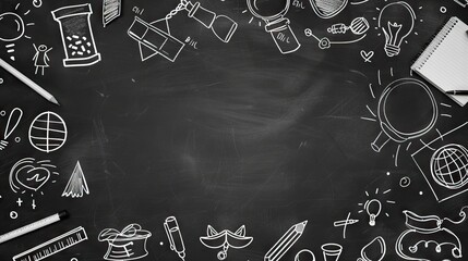 Creative educational sketch on blackboard background with copy space. Education and knowledge concept. AI generated illustration