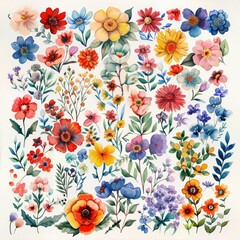 Vibrant watercolor floral clip art set, showcasing a variety of colorful blooms arranged neatly on a white s