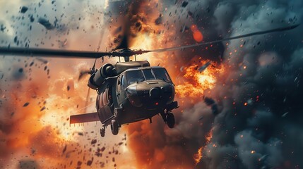 dramatic helicopter crash scene intense military action concept realistic 3d rendering