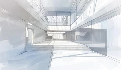Fototapeta premium modern architecture, minimalistic white building interior with wide open spaces, sketch style Generative AI