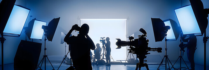 Video or film production studio used in shooting videography or photography and photo sets. Professional movie camera and film crew team making film scenes for cinema TV or online advertising works.