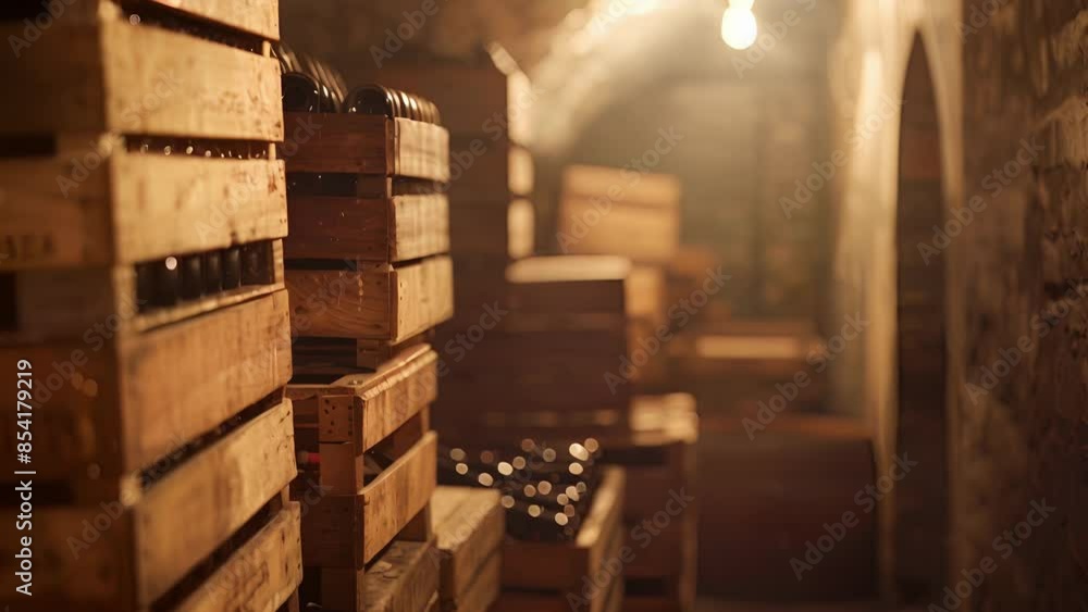 Poster a cloudy view of stacked wine crates hints at the hidden treasures in this cellar.