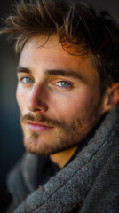 Obraz premium Handsome young man with blonde hair, blue eyes, and a beard strikes a pose in a stylish grey scarf