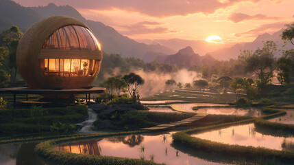 A Bamboo made sphere-shaped house sits in the center of a lush rice field garden.