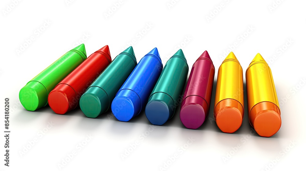 Poster 3d rendering of a set of colored wax crayons. the crayons are arranged in a row, with the tips facin